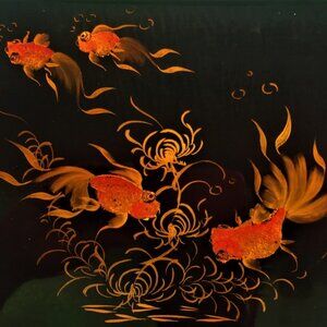 Black Lacquer Ware Fancy Goldfish Silver Handle Serving Vanity Tray Shellac Dish